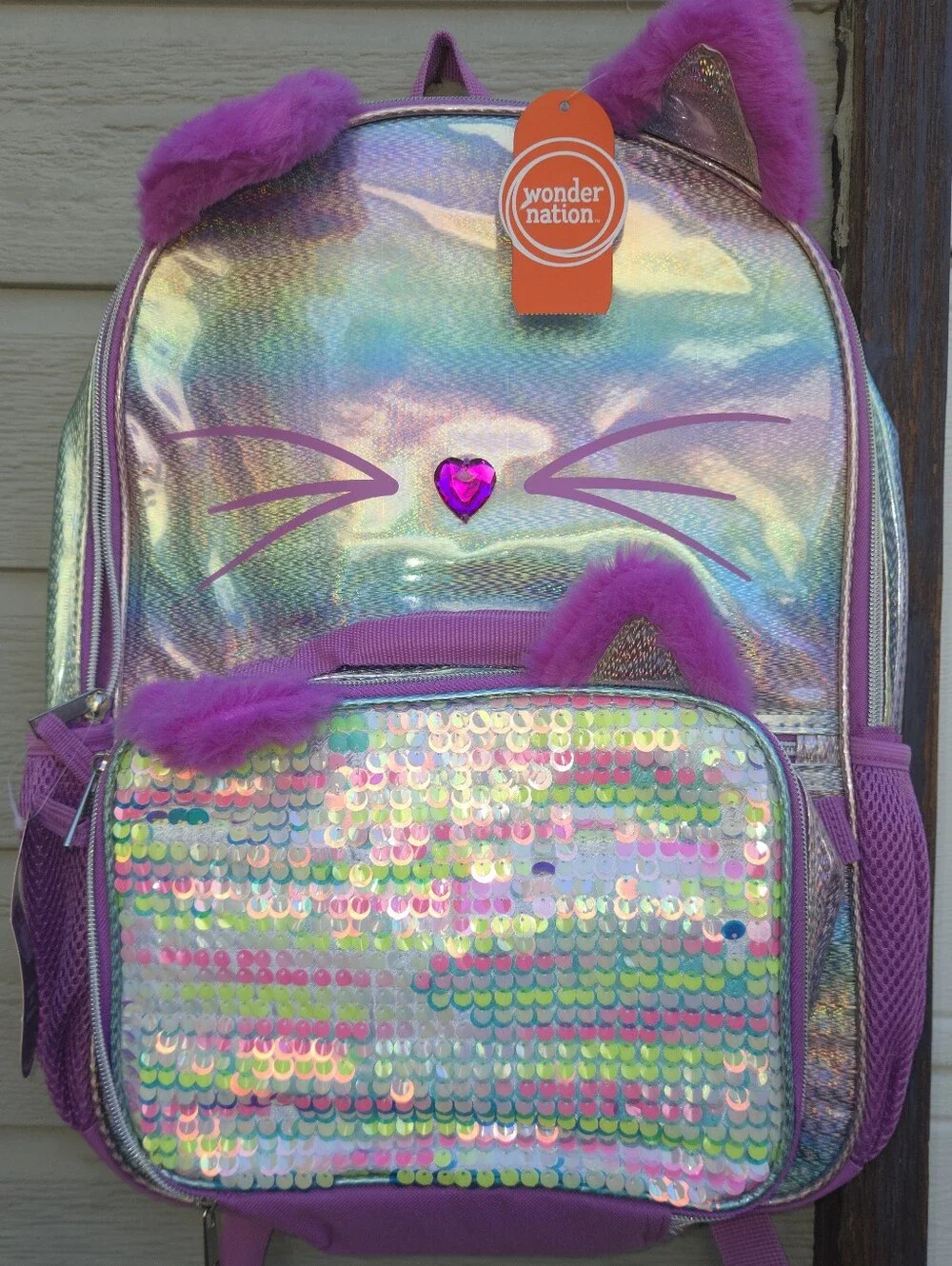 Wonder Nation Kids' Iridescent Purple Cat Backpack With lunch Bpx